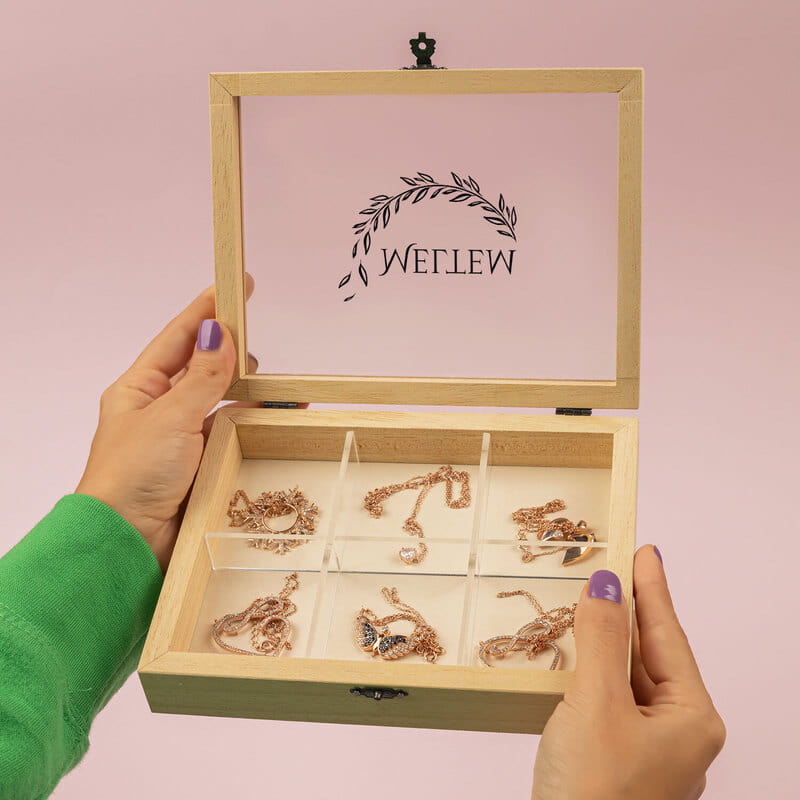 6 Bölmeli İsme Özel Ahşap Takı Kutusu