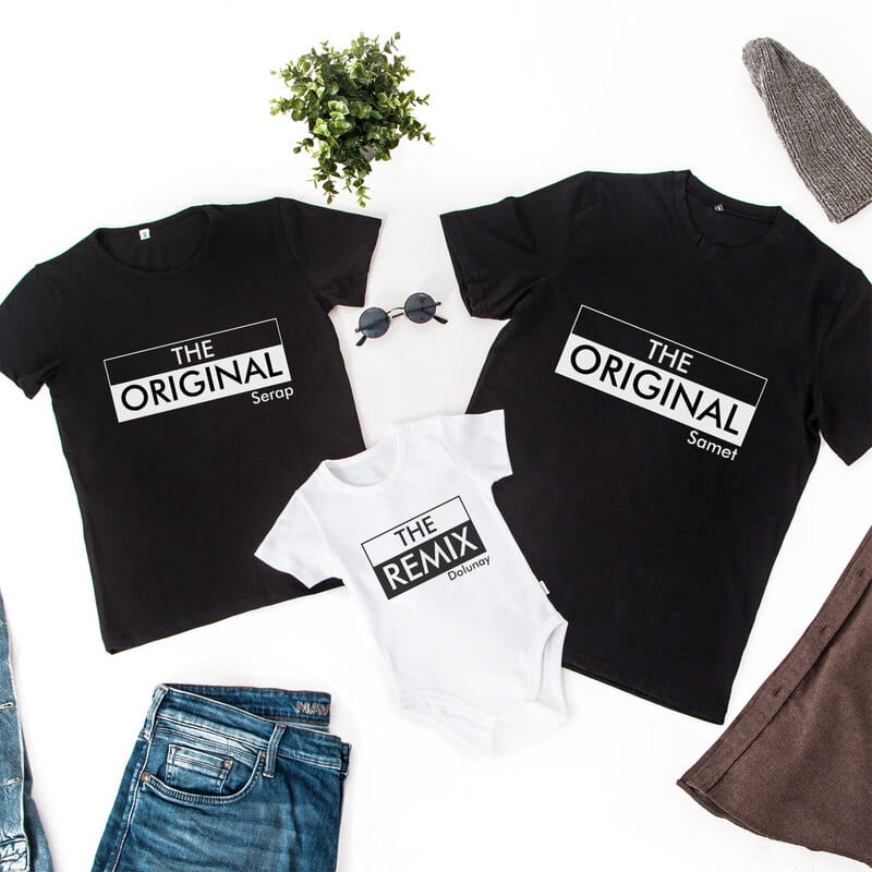 İsme Özel Anne Baba Tişört Bebek Body 3'lü Aile Kombini