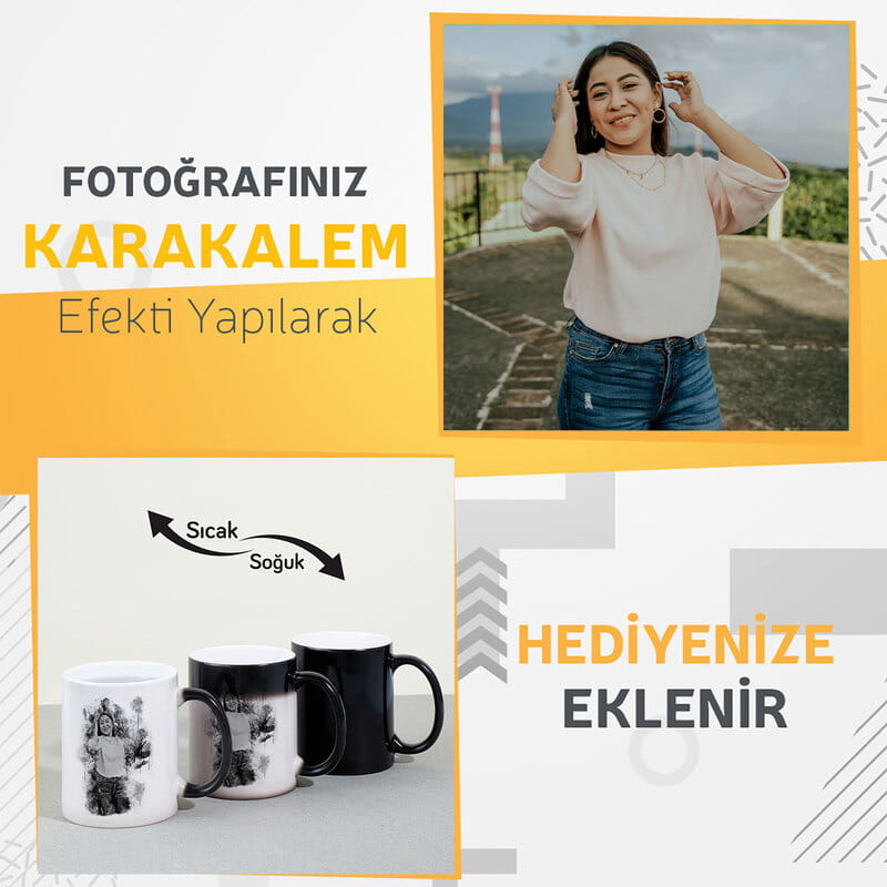 Karakalem Tasarımlı Kişiye Özel Renkli Sihirli Kupa Bardak