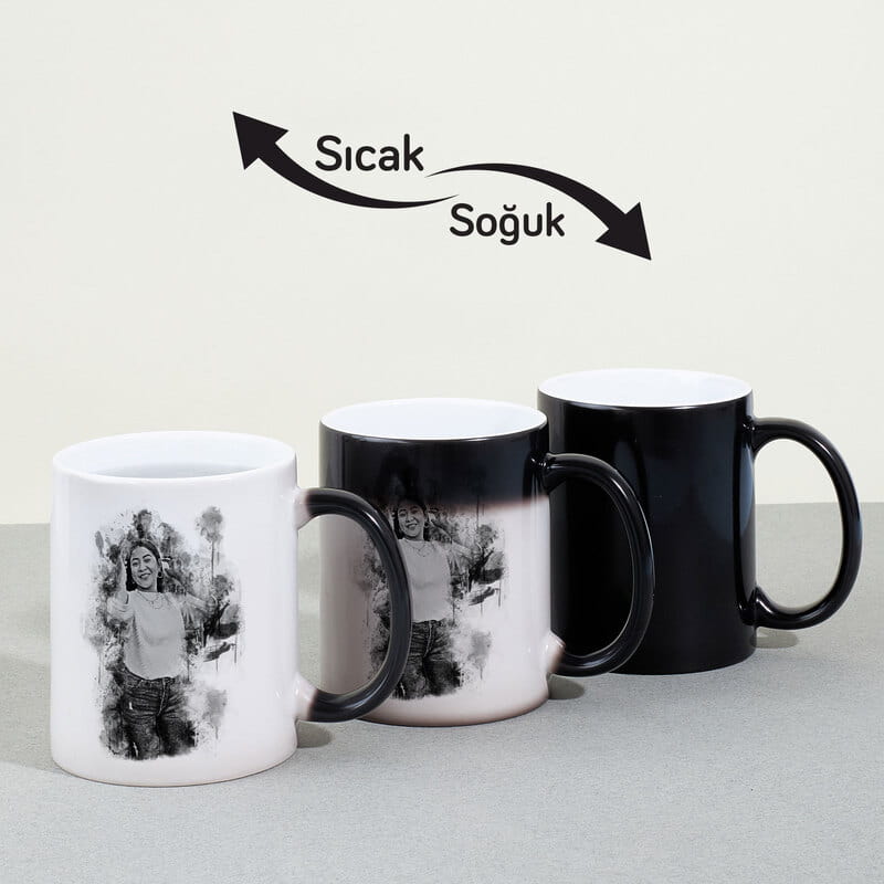 Karakalem Tasarımlı Kişiye Özel Renkli Sihirli Kupa Bardak