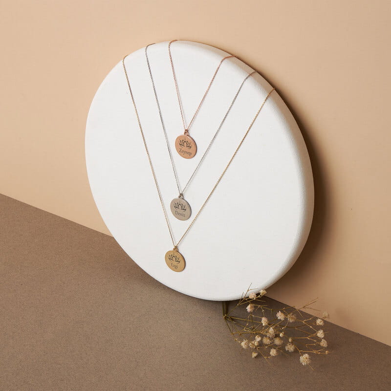 Lotus Tasarımlı İsim Yazılı Gümüş Kolye