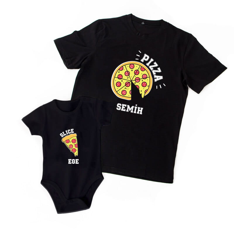 Pizza Tasarımlı Baba Tişört Bebek Zıbın Kombini - %100 Pamuklu Kumaş