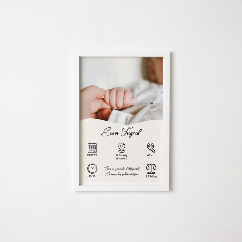 Yeni doğan Bebek Bilgileri Yazılı Kişiye Özel Bebek Odası Çerçeve
