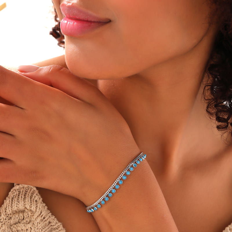 Zirkon Mavi Taşlı Figaro Zincir Gümüş Bileklik