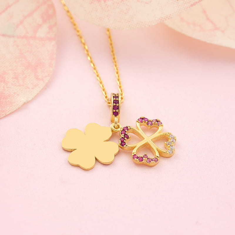 4 Yapraklı Şans Yoncası Mor Zirkon Taşlı Gümüş Kolye