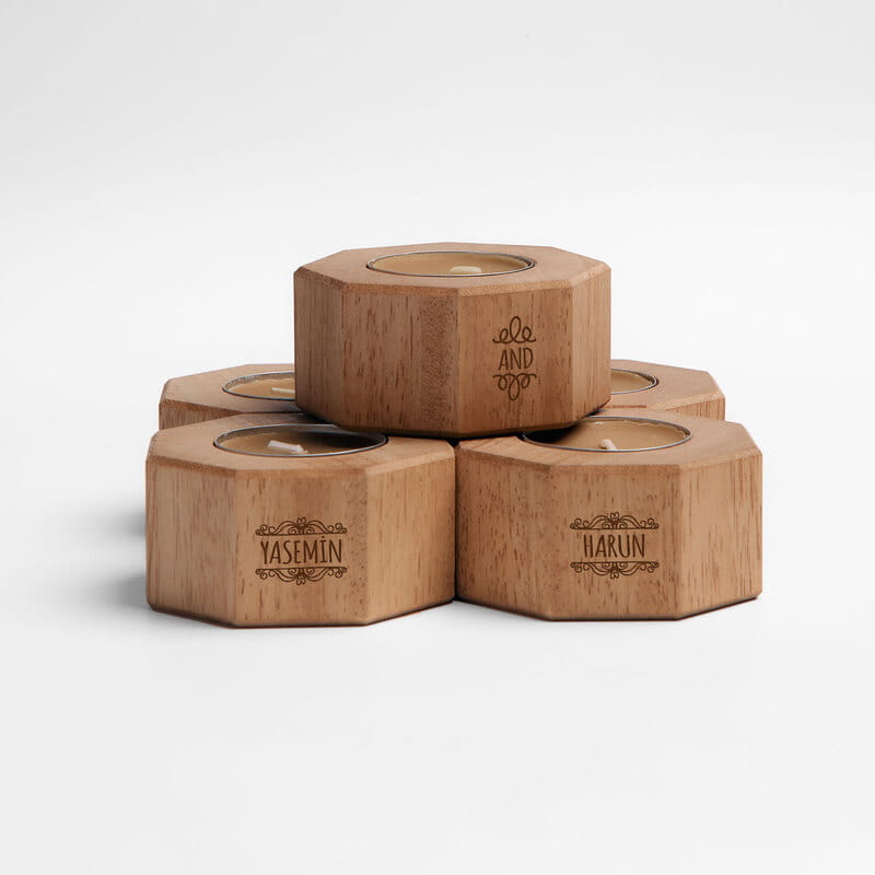 5'li Set Kişiye Özel İsimli Ahşap Mumluk Seti