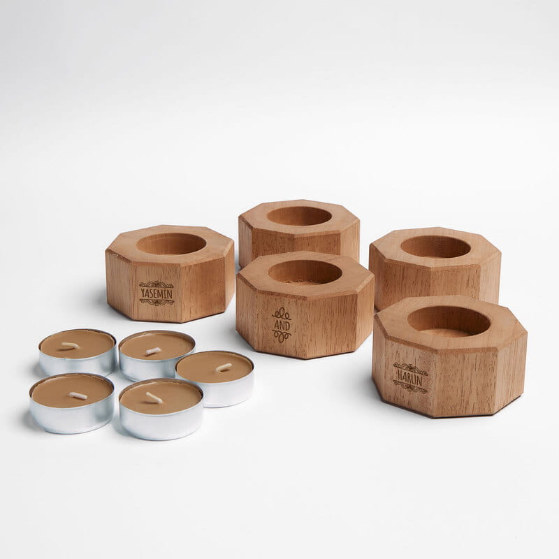 5'li Set Kişiye Özel İsimli Ahşap Mumluk Seti