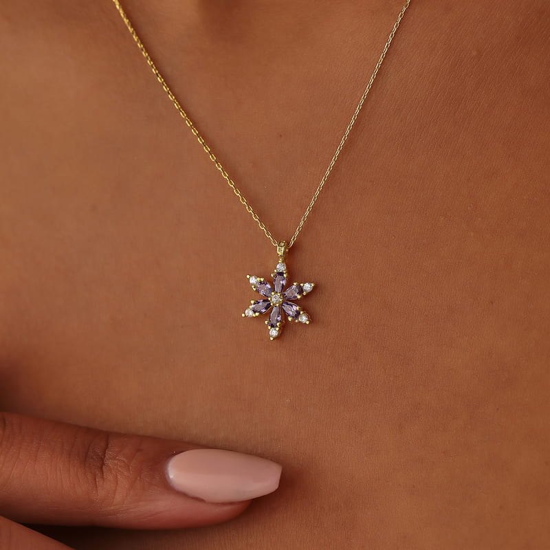 Ametist Taşlı Lotus Çiçeği Gümüş Kolye