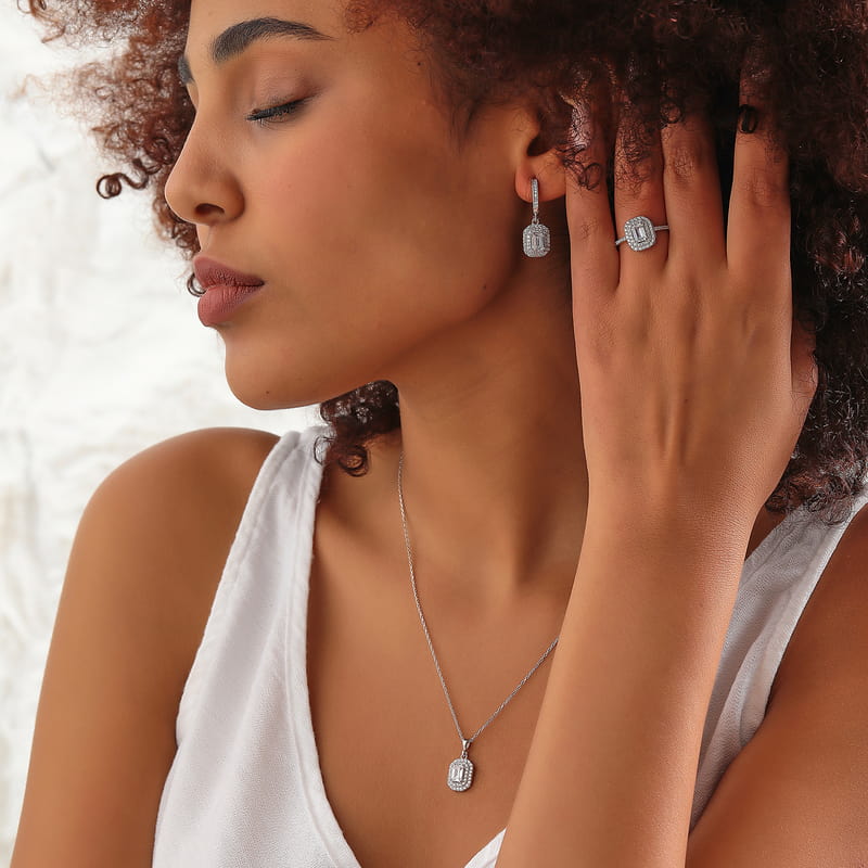 Baget Kesim Zirkon Çift Tur Taşlı Gümüş Takı Seti