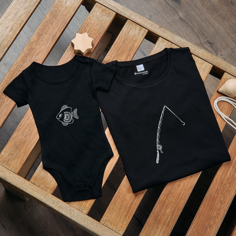 Balık ve Olta Tasarımlı Baba Tişört Bebek Zıbın Kombin