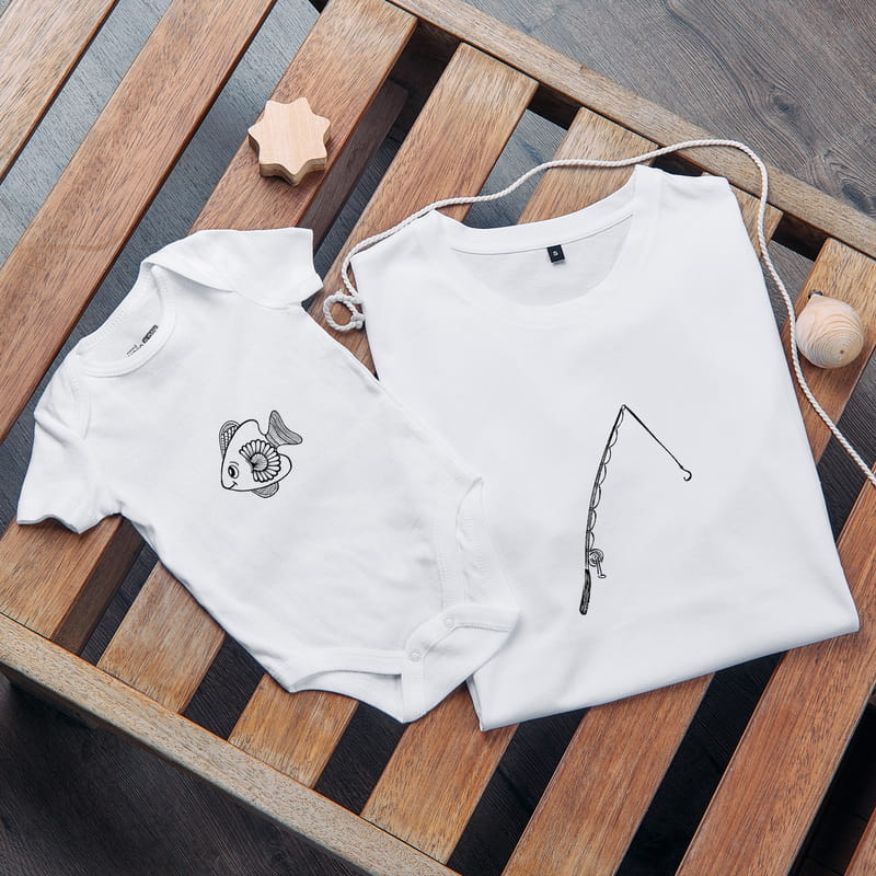 Balık ve Olta Tasarımlı Baba Tişört Bebek Zıbın Kombin