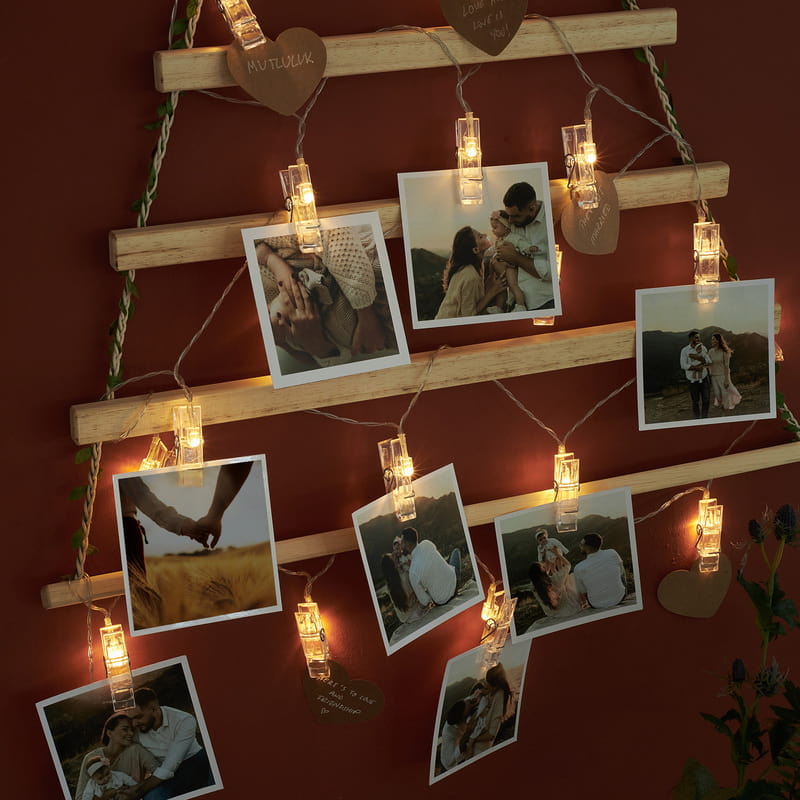 Çam Ağacı Led Işıklı Ahşap Fotoğraf Askısı - 12 Fotoğraflı