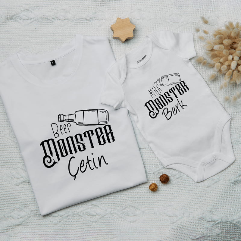 Esprili Baba Tişört ve Bebek Çıtçıtlı Badi Kombini - %100 Pamuklu Kumaş