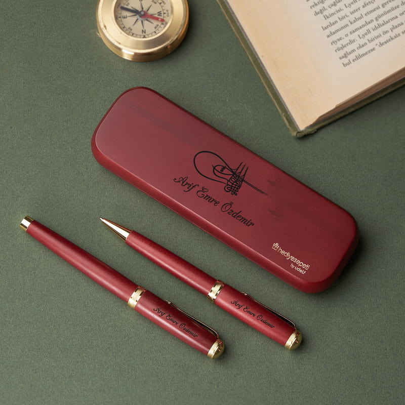 Fatih Sultan Mehmet Tuğralı Şık Ahşap Kutulu İkili Kalem Seti