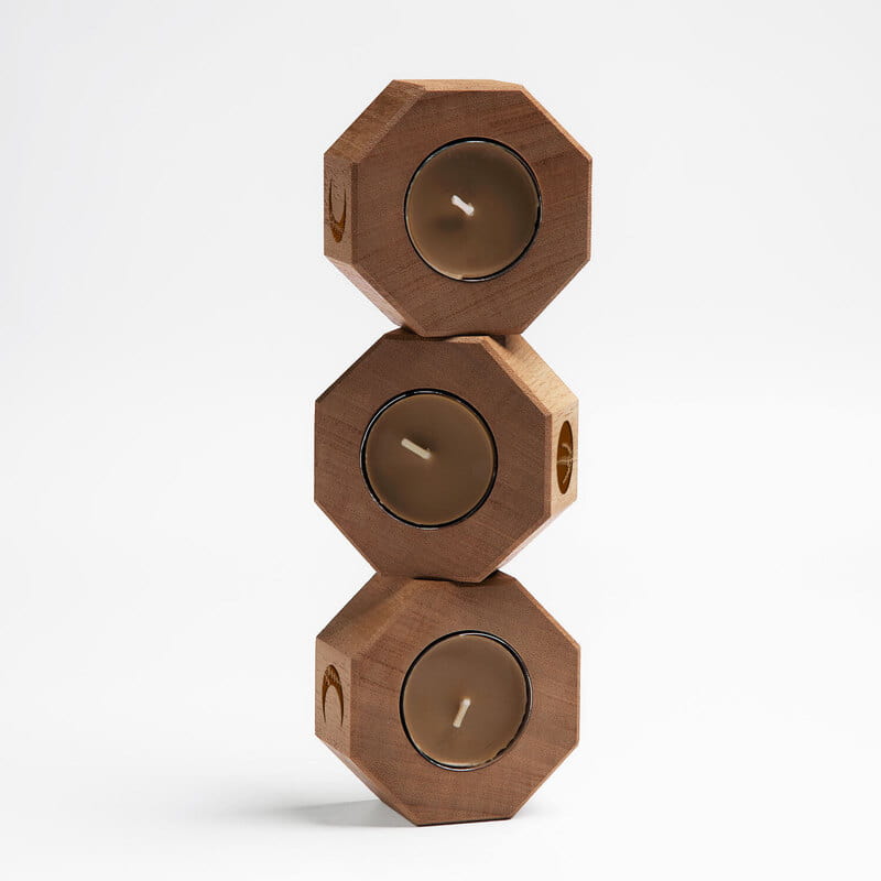 Floral Ay Tasarımlı 3'lü Ahşap Mumluk