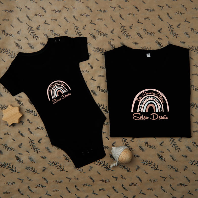 Gökkuşağı Tasarımlı İlk Anneler Günü Tişört Body Kombin Seti