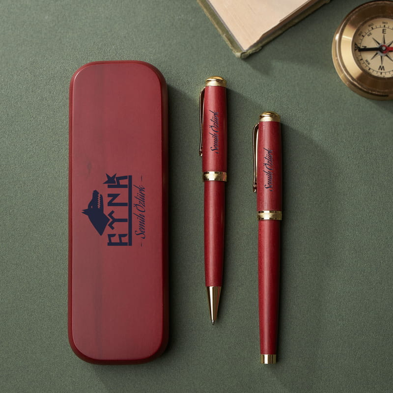 Göktürkçe Türk Yazılı Ahşap Kutulu İkili Kalem Seti