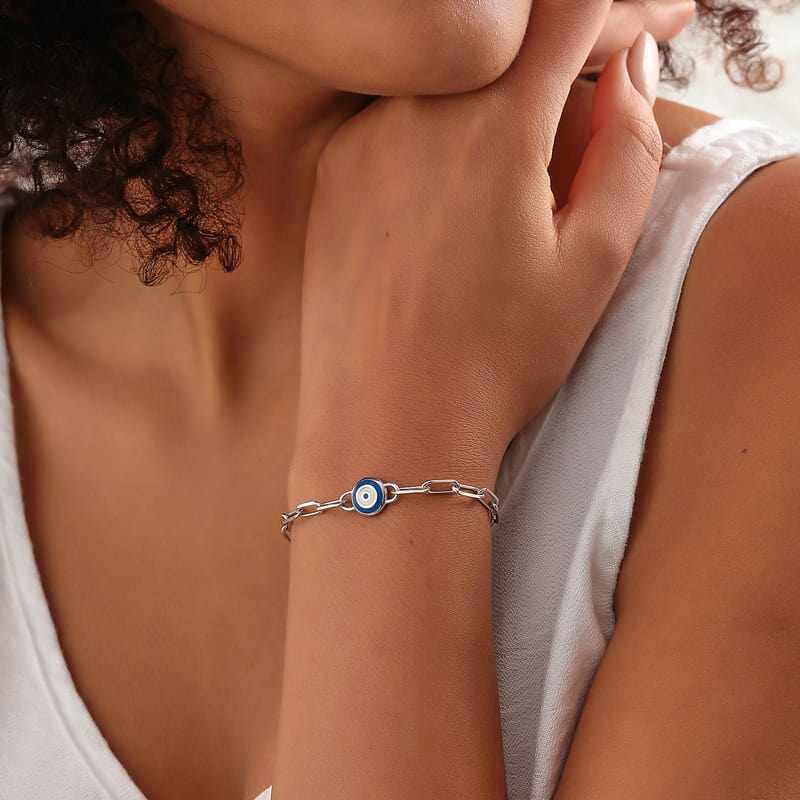 Gümüş İtalyan Zincirli Mineli Göz Bileklik