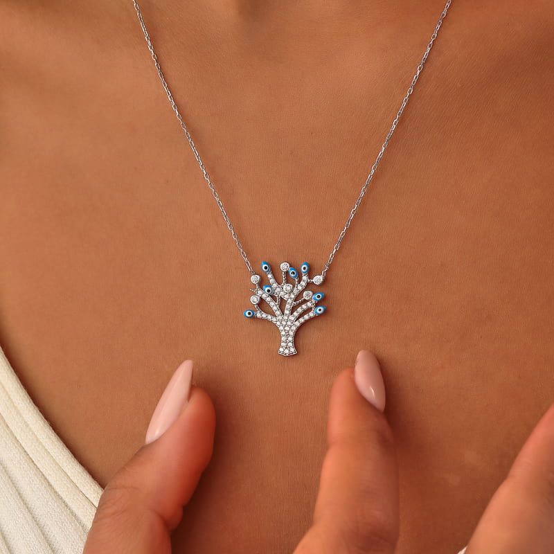 Yaşam Ağacı Nazar Boncuklu Gümüş Kolye