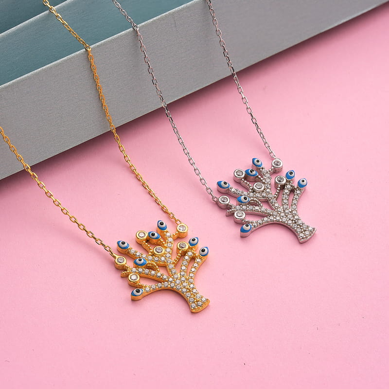 Yaşam Ağacı Nazar Boncuklu Gümüş Kolye