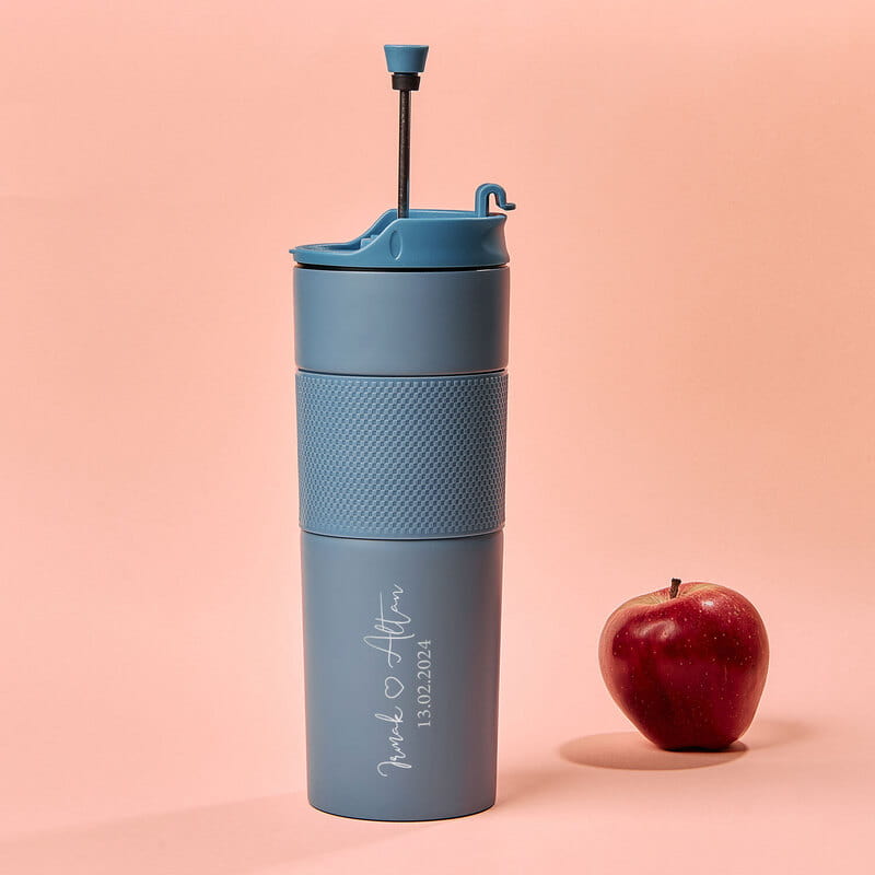 İsim ve Tarih Yazılı Sevgiliye Hediye French Press Çelik Termos