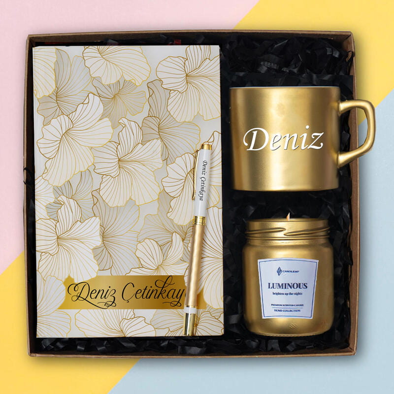 Kişiye Özel Gold Fincan Defter Kalem Kokulu Cam Mum Hediye Seti
