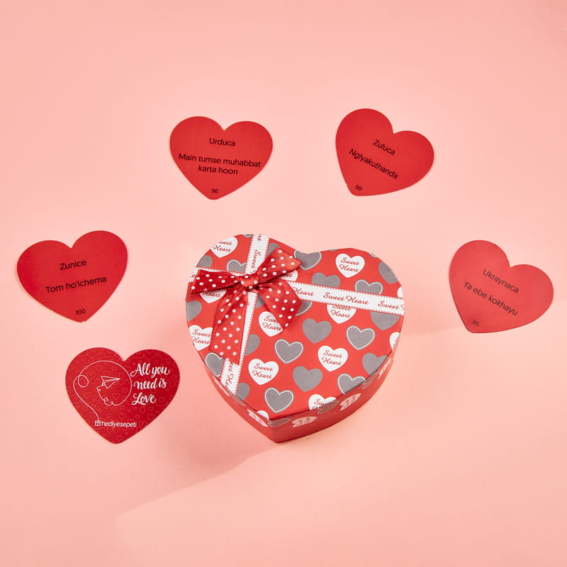 Kalp Kutulu 100 Dilde Seni Seviyorum Mesaj Kartları