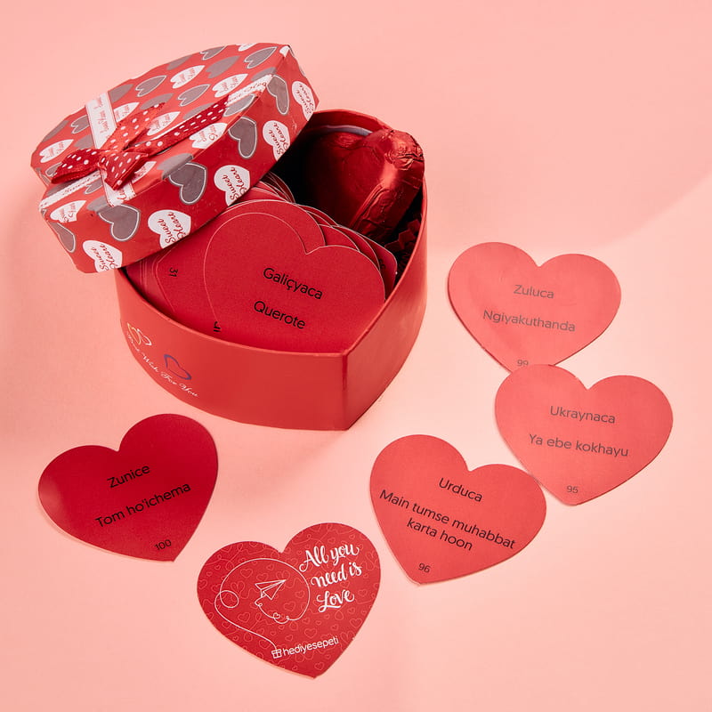 Kalp Kutulu 100 Dilde Seni Seviyorum Mesaj Kartları