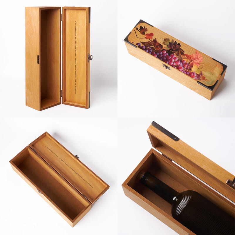Kapak içi Özelleştirmeli Üzüm Bağı Tasarımlı Ahşap Şarap Kutusu