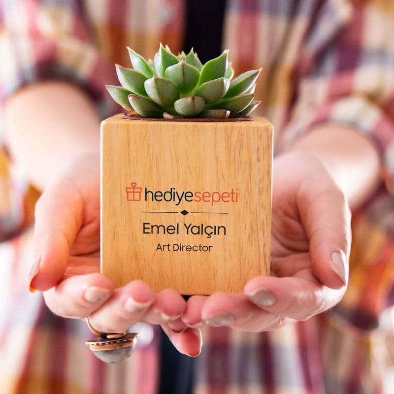 Kişiselleştirilebilir Logo ve İsim Baskılı Ahşap Sukulent