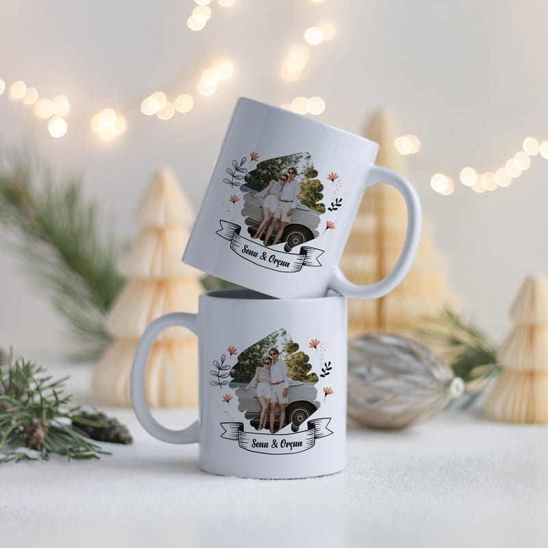 Kişiye Özel Çiçek Detaylı Porselen Fotoğraf Kupası