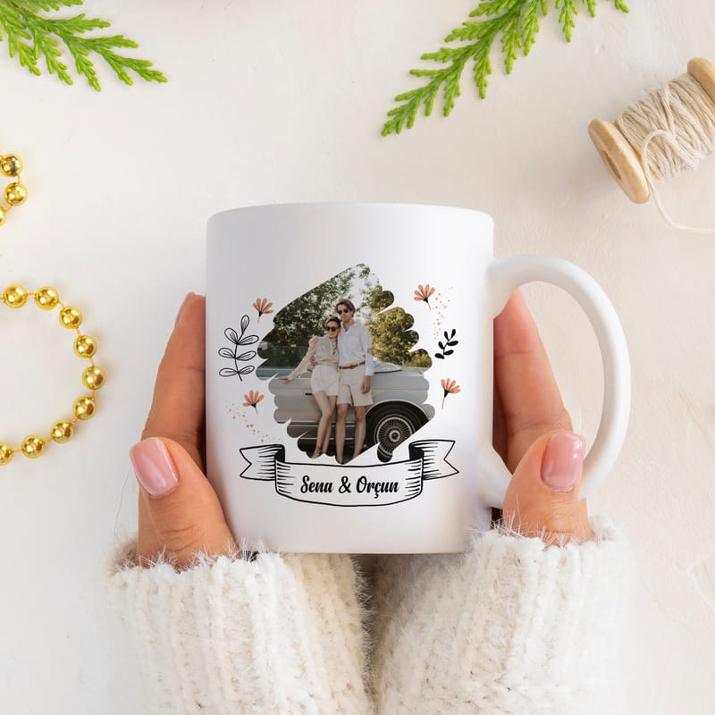 Kişiye Özel Çiçek Detaylı Porselen Fotoğraf Kupası