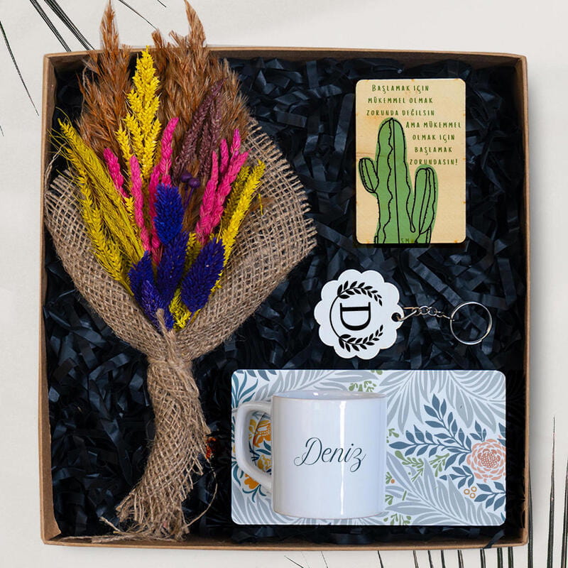 Kişiye Özel Fincan Çiçek Magnet Anahtarlık Hediye Seti