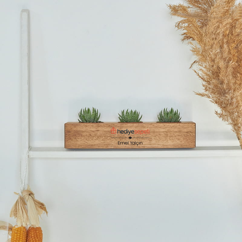 Kişiye Özel Logo ve İsim Baskılı Ahşap Sukulent Standı