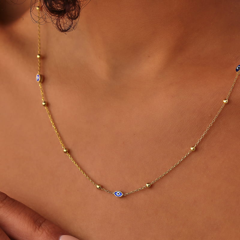 Mineli Göz Detaylı Gümüş Zincir Kolye