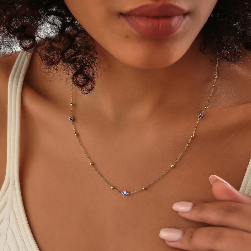 Mineli Göz Detaylı Gümüş Zincir Kolye