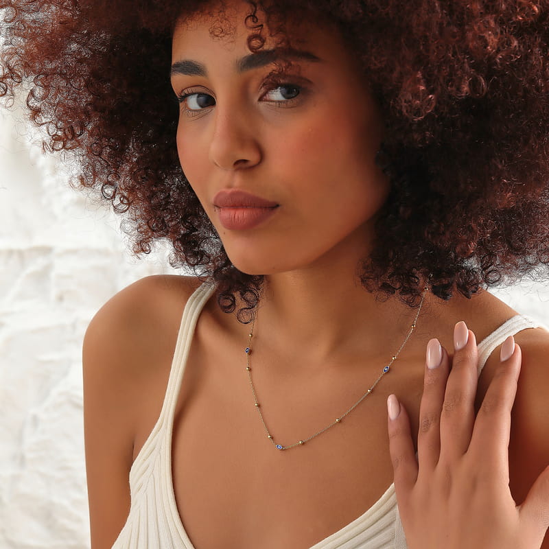 Mineli Göz Detaylı Gümüş Zincir Kolye