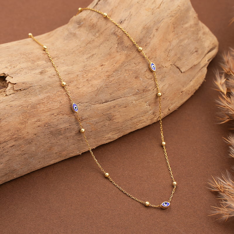 Mineli Göz Detaylı Gümüş Zincir Kolye