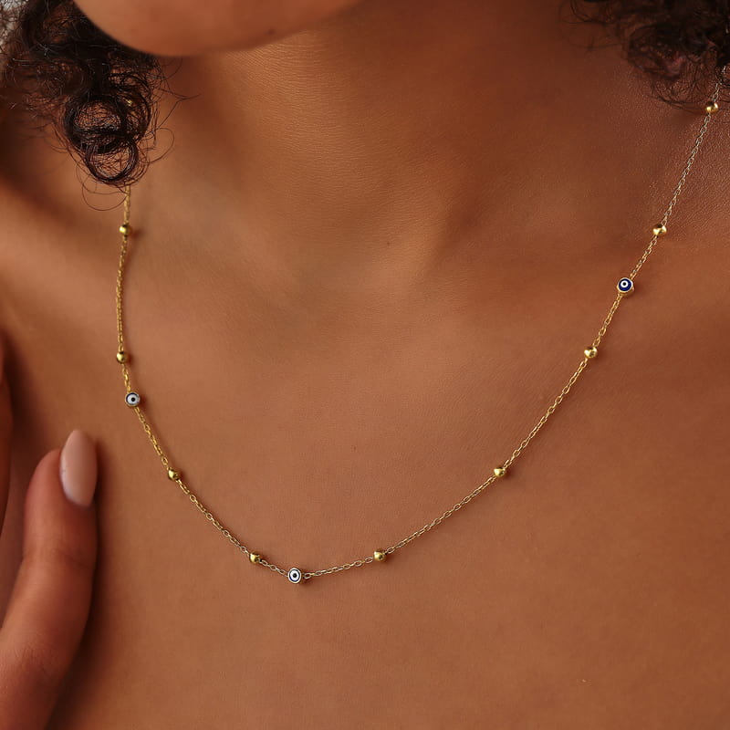 Oval Mineli Nazar Boncuğu İtalyan Zincir Gümüş Kolye