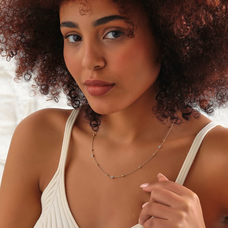 Oval Mineli Nazar Boncuğu İtalyan Zincir Gümüş Kolye