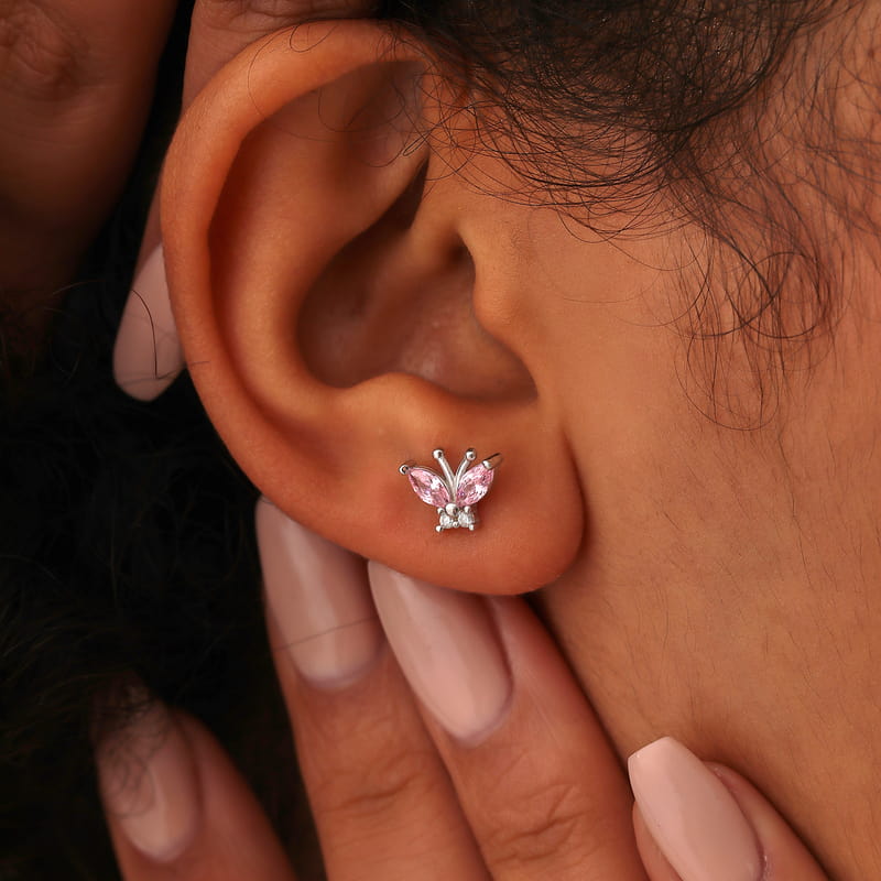 Pembe Taşlı Zirkon Kelebek Küpe