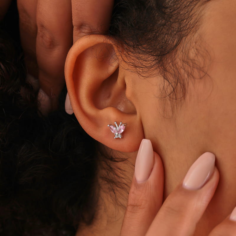 Pembe Taşlı Zirkon Kelebek Küpe