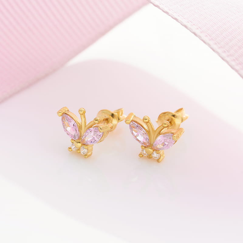 Pembe Taşlı Zirkon Kelebek Küpe