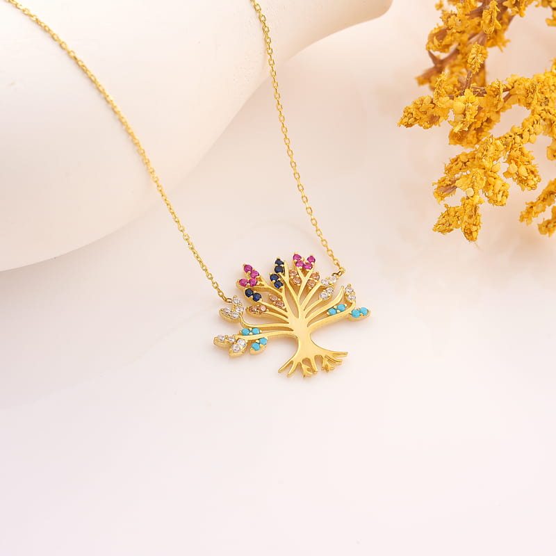 Renkli Taş Detaylı Hayat Ağacı Gümüş Kolye