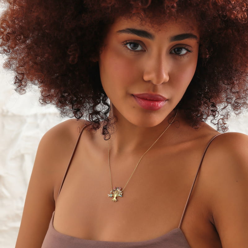 Renkli Taş Detaylı Hayat Ağacı Gümüş Kolye