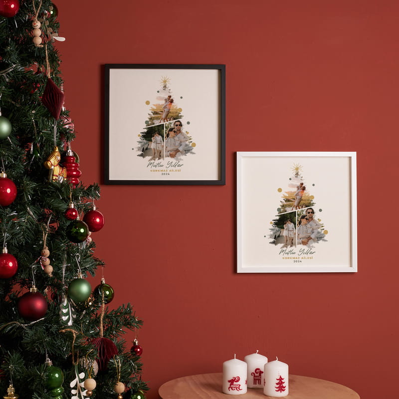 Yılbaşı Ağacı Kolaj Fotoğraf Baskılı Kare Çerçeve