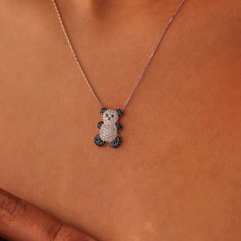Zarif Kristal Panda Gümüş Kolye