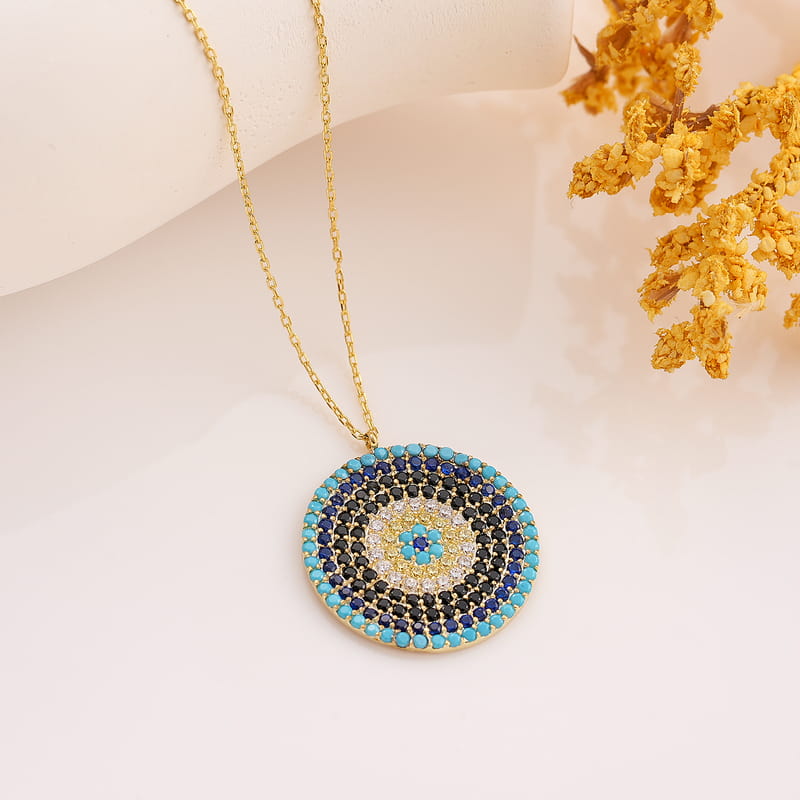 Zirkon Taşlı Nazar Boncuğu Gümüş Kolye