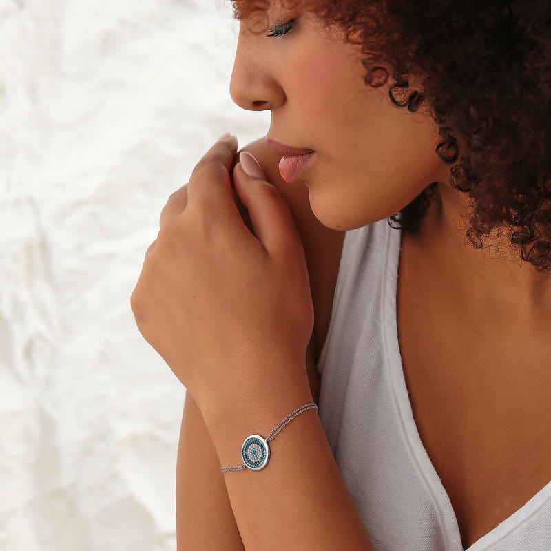 Zirkon Taşlı Nazar Boncuğu Tasarımlı Gümüş Bileklik