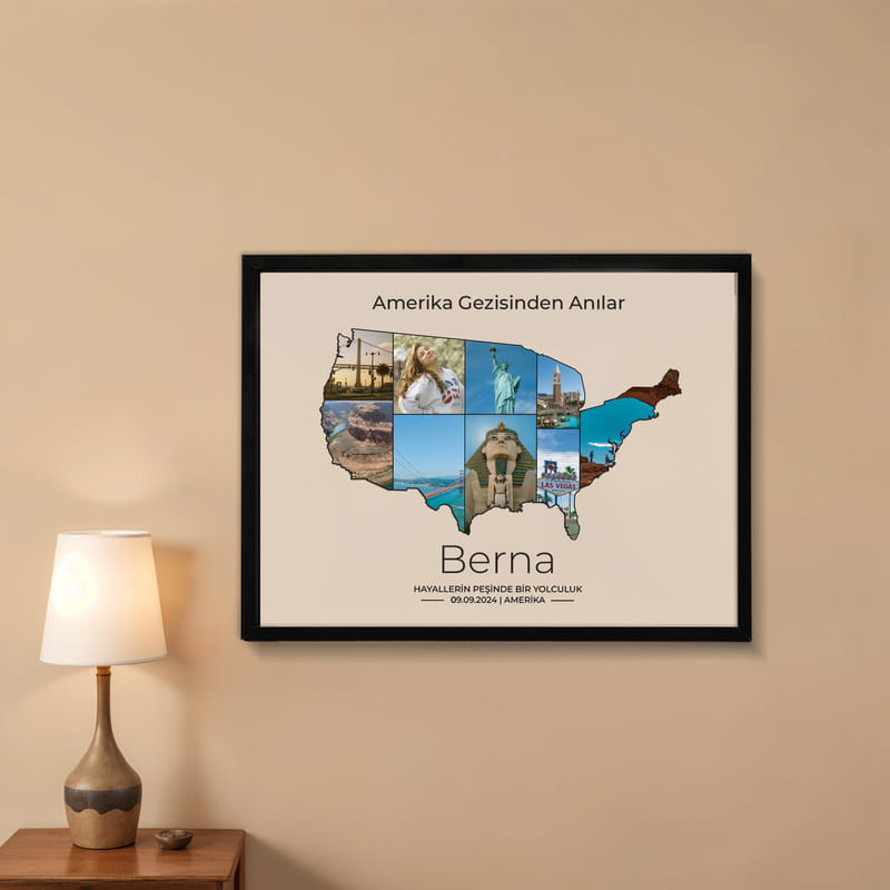 Amerika Tatilimiz Temalı Kişiye Özel Siyah Fotoğraf Çerçevesi - 30x40